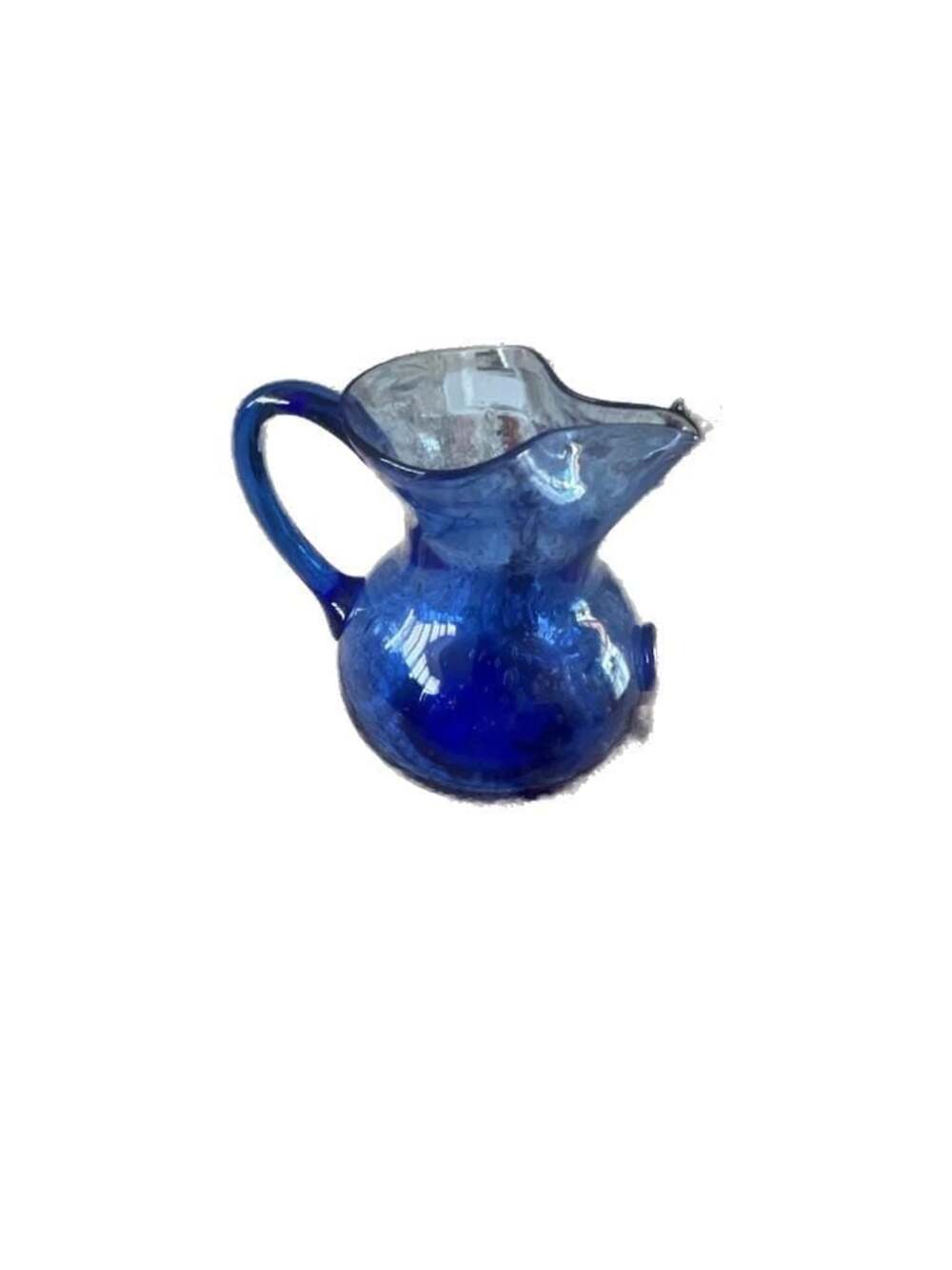 Vintage Hand-Blown Cobalt Blue Art Glass Pitcher with Bubble Pattern